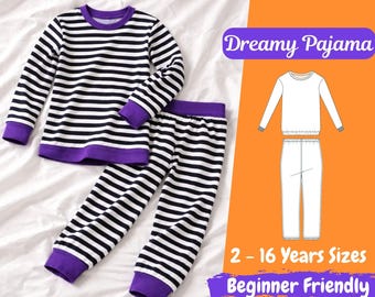 Può includere: Un completo pigiama a righe bianche e nere con finiture viola. La maglia a maniche lunghe e i pantaloni sono esposti su una superficie bianca. L'immagine include il testo "Dreamy Pajama", "2 - 16 Years Sizes" e "Beginner Friendly".