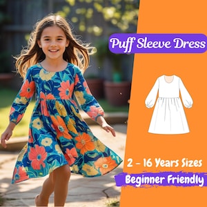 May include: A young girl wearing a blue dress with a floral pattern of orange, yellow, and teal flowers. The dress has long puff sleeves. Text on the image reads "Puff Sleeve Dress", "2 - 16 Years Sizes", and "Beginner Friendly".