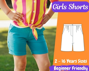 Patrón de costura en PDF para pantalones cortos de verano para niñas. Patrón de pantalones cortos con bolsillos para niños. Patrón de pantalones cortos de verano para estar en casa para niños de 2 a 16 años.