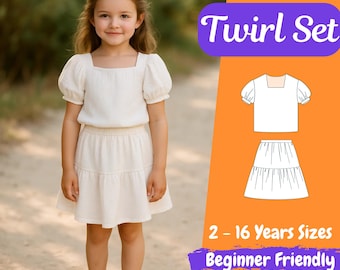 Mädchen Bluse und Rock Schnittmuster, Sommer Outfit PDF für Kinder & Kleinkinder, Rüschen Top und Rüschen Rock, einfache DIY Anfänger Schnittmuster