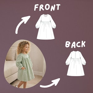 May include: A green and white checkered dress with long sleeves and pockets. The image shows the front and back views of the dress, along with a child wearing the dress. The word "FRONT" and "BACK" are written on the image.