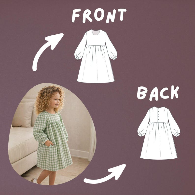May include: A green and white checkered dress with long sleeves and pockets. The image shows the front and back views of the dress, along with a child wearing the dress. The word "FRONT" and "BACK" are written on the image.