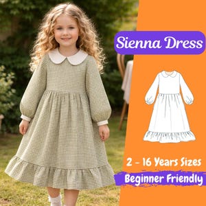 Girls Peter Pan Collar Dress Sewing Pattern, Long Sleeve Ruffle Hem, Classic Style