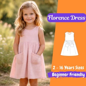 May include: A young girl wearing a light pink sleeveless dress with two front pockets. The dress is labeled "Florence Dress" and is accompanied by a pattern illustration. Text on the image indicates sizes 2-16 years and "Beginner Friendly".