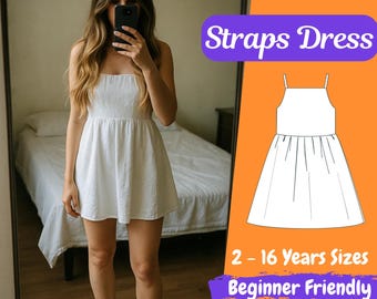 Girls Sundress Sewing Pattern, Kids Straps Dress PDF Pattern, DIY Summer Dress for Kids, Girls Summer Dress, 2-16 Years