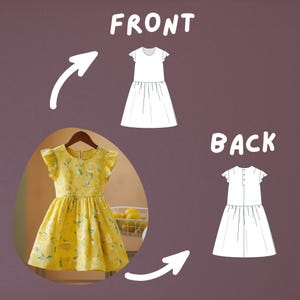May include: A yellow dress with a lemon pattern, short sleeves, and a gathered skirt. The dress is displayed on a wooden hanger. The image also includes a diagram of the front and back of the dress.