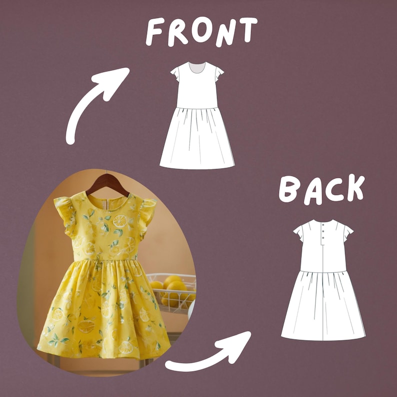 May include: A yellow dress with a lemon pattern, short sleeves, and a gathered skirt. The dress is displayed on a wooden hanger. The image also includes a diagram of the front and back of the dress.