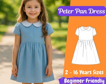Patrón de costura para vestido con cuello Peter Pan, patrón de costura para niños, patrón de costura para vestido de niña, patrón de costura en PDF