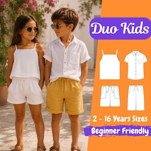 May include: Two children wearing white and yellow outfits pose for a photo. The girl wears a white tank top and shorts, while the boy wears a white shirt and yellow shorts. The image includes a graphic with clothing patterns and the text "Duo Kids", "2 - 16 Years Sizes", and "Beginner Friendly".