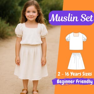 Girls Puff Sleeve Blouse and Skirt Sewing Pattern Set, PDF Set for Kids Sewing Pattern, Beginner Friendly 2-16 Years