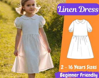 Girls Linen Dress Sewing Pattern, Peter Pan Collar Dress Pattern, Bishop Sleeve Dress for Kids PDF Pattern, 2 - 16 Years Digital Pattern
