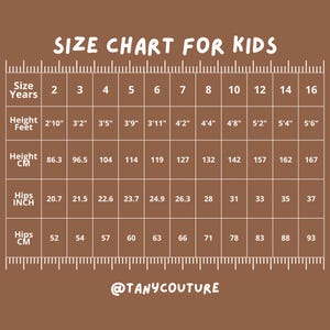 May include: Size chart for kids clothing with measurements in inches and centimeters. The chart shows sizes from 2 to 16 years old, with corresponding height, hips, and waist measurements.