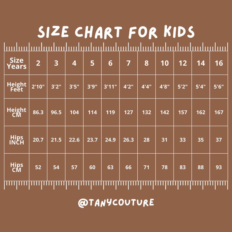 May include: Size chart for kids clothing with measurements in inches and centimeters. The chart shows sizes from 2 to 16 years old, with corresponding height, hips, and waist measurements.