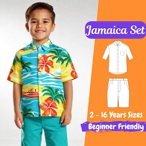 Conjunto infantil de camisa e shorts de verão com molde para costura, molde em PDF para camisa infantil, molde para shorts para meninos, conjunto Jamaica para crianças de 2 a 16 anos.