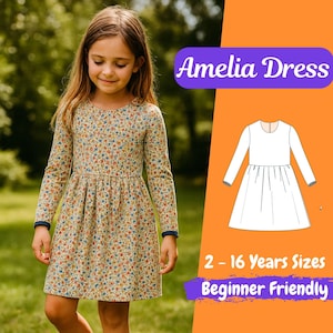 Puede incluir: Una niña con un vestido floral de manga larga. El vestido tiene cuello redondo, cintura entallada y falda acampanada. La imagen incluye un diagrama del vestido y el texto "Amelia Dress", "2 - 16 Years Sizes" y "Beginner Friendly".