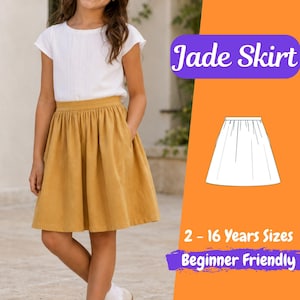 May include: A mustard yellow skirt with a gathered waistband and side pockets, paired with a white short-sleeved top. The image includes the text Jade Skirt, a line drawing of the skirt, and the text 2 - 16 Years Sizes Beginner Friendly.