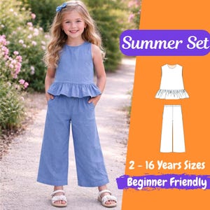 May include: A young girl wearing a light blue summer set, including a sleeveless top with a ruffled hem and wide-leg pants. The image also shows a pattern for the set, with text that reads "Summer Set", "2 - 16 Years Sizes", and "Beginner Friendly".
