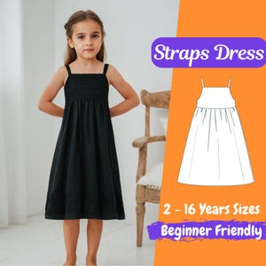 Girl Summer Dress Pattern Straps Gathered Midi Dress for Kids PDF Sewing Pattern Girls Loose Dress Pattern 2 - 16 Y Pattern