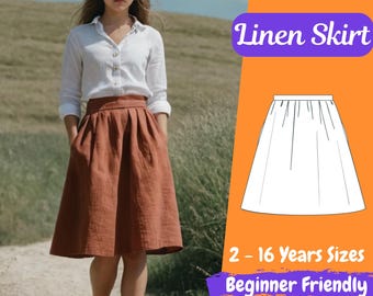 May include: A brown linen skirt with a high waist and pleats. The skirt is knee-length and has a simple, classic design. The text "Linen Skirt" is in purple letters on an orange background. The text "2 - 16 Years Sizes" and "Beginner Friendly" is also on the orange background.