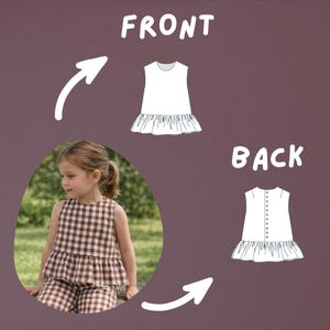 May include: A brown and white checkered sleeveless top and matching shorts. The image shows a young girl wearing the outfit, with a diagram of the front and back of the top. The word "FRONT" and "BACK" are written in white.