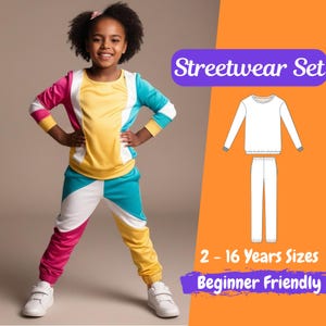 May include: A sewing pattern for a streetwear set for kids. The pattern includes a sweatshirt and sweatpants. The pattern is available in sizes 2-16 years and is beginner friendly. The image shows a child wearing a colorful version of the set.