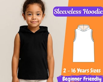 Hoodie Schnittmuster, Ärmelloser Hoodie, Mädchen, PDF Schnittmuster, Top, Casual Layer, anfängerfreundlich, Größen 2-16 Jahre, sofort Download verfügbar