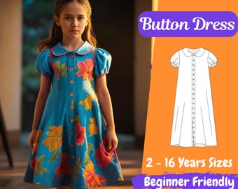 Dress Sewing Pattern for Girls Summer Bishop Sleeve Kids Dress Pattern, Peter Pan Collar Dress PDF Pattern, Girls Dress Beginner Pattern