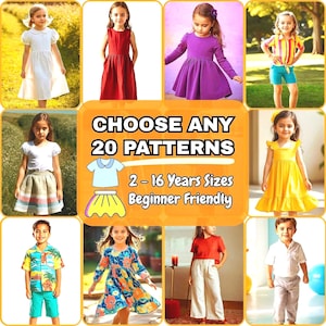 Kids DIY Bundle Sewing Patterns, Choose Any 20 Sewing Tutorials, Beginner Friendly Sewing Patterns for Kids