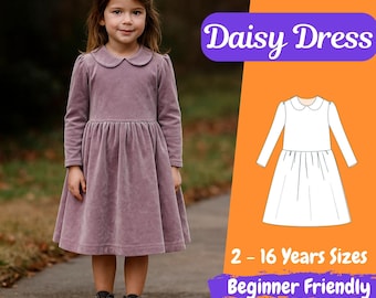 Daisy Dress Sewing Pattern for Girls, Long Sleeve Dress PDF, Peter Pan Collar  Fall Outfit, Sizes 2-16Y  Beginner Friendly