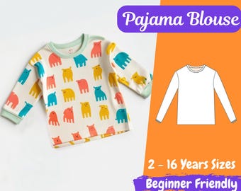 Patrón de costura de blusa de pijama para niñas Patrón PDF de blusa holgada para niñas pequeñas Patrón de blusa de manga larga para niñas de 2 a 16 años Patrón para principiantes