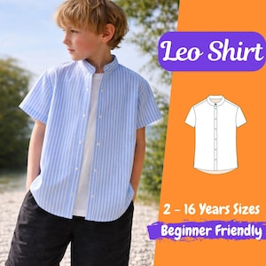 May include: A young person wearing a light blue and white striped short-sleeve shirt with a mandarin collar over a white t-shirt. The image includes the text "Leo Shirt", a shirt diagram, and the text "2 - 16 Years Sizes Beginner Friendly".