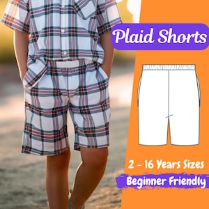 May include: A sewing pattern for plaid shorts for children, sizes 2-16 years. The pattern is beginner friendly. The image shows a child wearing plaid shorts.