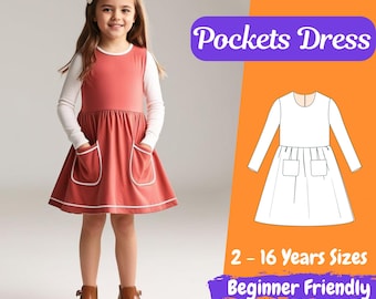 Long Sleeve Flared Dress with Pockets Sewing Pattern, Girls Dress PDF Pattern, Dress for Kids sewing Pattern 2 - 16 Years Beginner Pattern