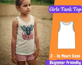 Mädchen Tank Top PDF Schnittmuster | Kinder Sommer Lose Top Muster | Ärmelloses Oversized Kinder Shirt Schnittmuster für 2 - 16 Jahre Top