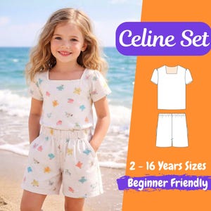 Op de afbeelding: Een jong meisje draagt een crèmekleurige Celine Set, een bijpassende top en short set met een vierkante halslijn en een patroon van kleurrijke cartoonfiguren. De tekst "Celine Set", "2 - 16 Years Sizes" en "Beginner Friendly" is inbegrepen.