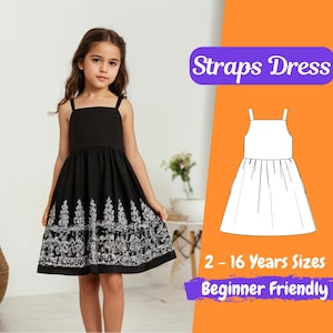 Peut inclure: Une robe noire sans manches avec des broderies blanches autour de l'ourlet. La robe a un corsage simple et droit et une jupe plissée. Un dessin au trait de la robe est présenté sur un fond orange vif avec le texte "Straps Dress 2 - 16 Years Sizes Beginner Friendly".