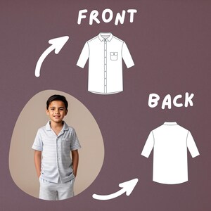 May include: A boy wearing a light blue and white striped pajama set. The set includes a short-sleeved button-down shirt and matching shorts. The image also shows a diagram of the front and back of a white button-down shirt. The word "FRONT" and "BACK" are displayed.