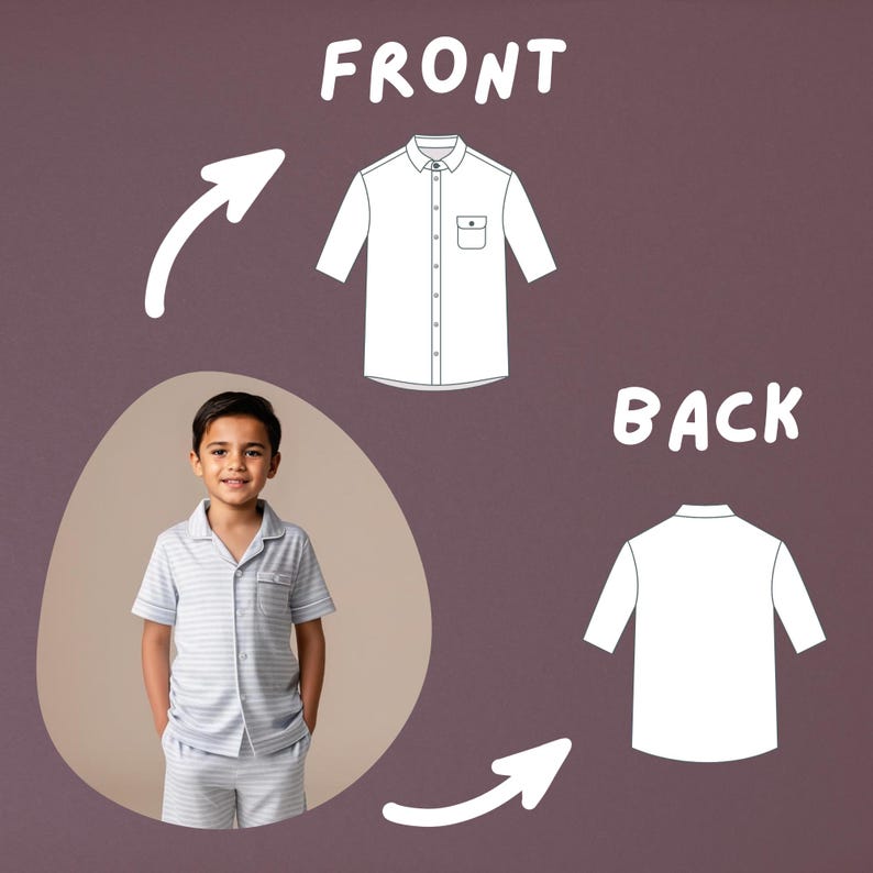 May include: A boy wearing a light blue and white striped pajama set. The set includes a short-sleeved button-down shirt and matching shorts. The image also shows a diagram of the front and back of a white button-down shirt. The word "FRONT" and "BACK" are displayed.