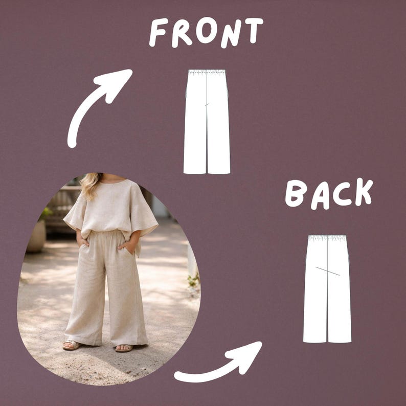 Pu&ograve; includere: Un completo in lino beige composto da due pezzi, tra cui un top a maniche corte e pantaloni a gamba larga. L'immagine mostra le viste anteriore e posteriore dei pantaloni, con le parole "FRONT" e "BACK" in testo bianco. L'outfit &egrave; indossato da una persona.
