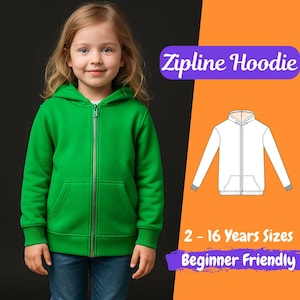 Może przedstawiać: Dziecko w jasnozielonej bluzie z kapturem zapinanej na zamek, z kapturem i przednimi kieszeniami. Bluza ma srebrny zamek błyskawiczny. Tekst na zdjęciu brzmi "Zipline Hoodie", "2 - 16 Years Sizes" i "Beginner Friendly".