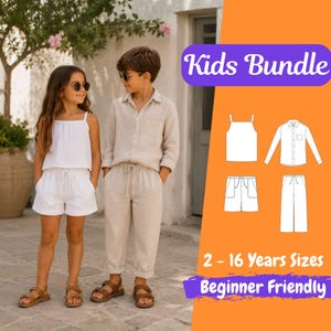 May include: A sewing pattern bundle titled Kids Bundle for ages 2-16 years, featuring a white tank top, a long-sleeve button-down shirt, shorts with a drawstring waist, and long trousers. The set includes technical line drawings of each garment.