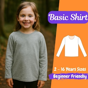 May include: A young person wearing a gray long-sleeved shirt. The image includes the text "Basic Shirt" and "2 - 16 Years Sizes Beginner Friendly". A white shirt outline is also shown.
