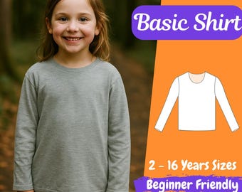 Patrón de costura para camiseta de niña, proyecto de costura para principiantes, camisa básica de manga larga