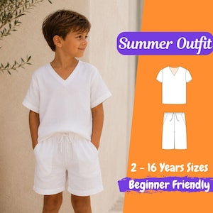 May include: A white summer outfit consisting of a short-sleeved V-neck top and matching shorts with a drawstring waist. The image includes text reading Summer Outfit, 2 - 16 Years Sizes, and Beginner Friendly, alongside line art diagrams.