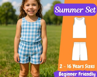 Sommer-Set Schnittmuster, Mädchen, Tank Top und Shorts, PDF, anfängerfreundlich, Größen 2-16 Jahre, bequem, einfaches Projekt, sofort Download