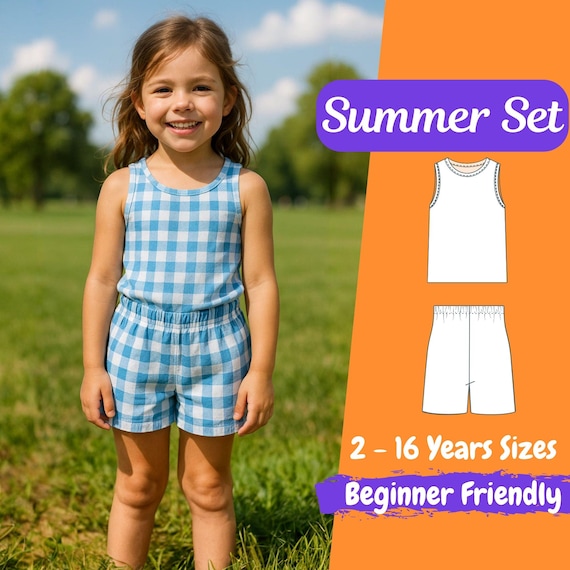 Summer Set Sewing Pattern, Girls Tank Top and Shorts PDF, Beginner Friendly, Sizes 2-16 Years, Comfy Fit, Easy Project, Instant Download
