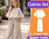Girls Summer Outfit Sewing Pattern, Kids Blouse and Wide Leg Pants, Loose Fit Style
