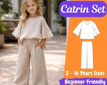Girls Summer Outfit Sewing Pattern, Kids Blouse and Wide Leg Pants, Loose Fit Style
