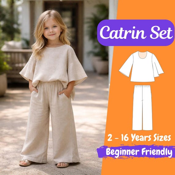 Girls Summer Outfit Sewing Pattern, Kids Blouse and Wide Leg Pants, Loose Fit Style