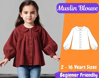 Mädchen Puffärmel Bluse Schnittmuster Peter Pan Kragen Shirt mit Knopf PDF Schnittmuster für Kinder 2 - 16 Jahre Baumwollbluse Schnittmuster